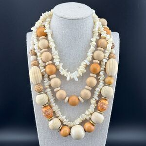 Lot of 3 Vintage Necklaces Mother of Pearl Chips Wooden Bead Round Chunky Cream